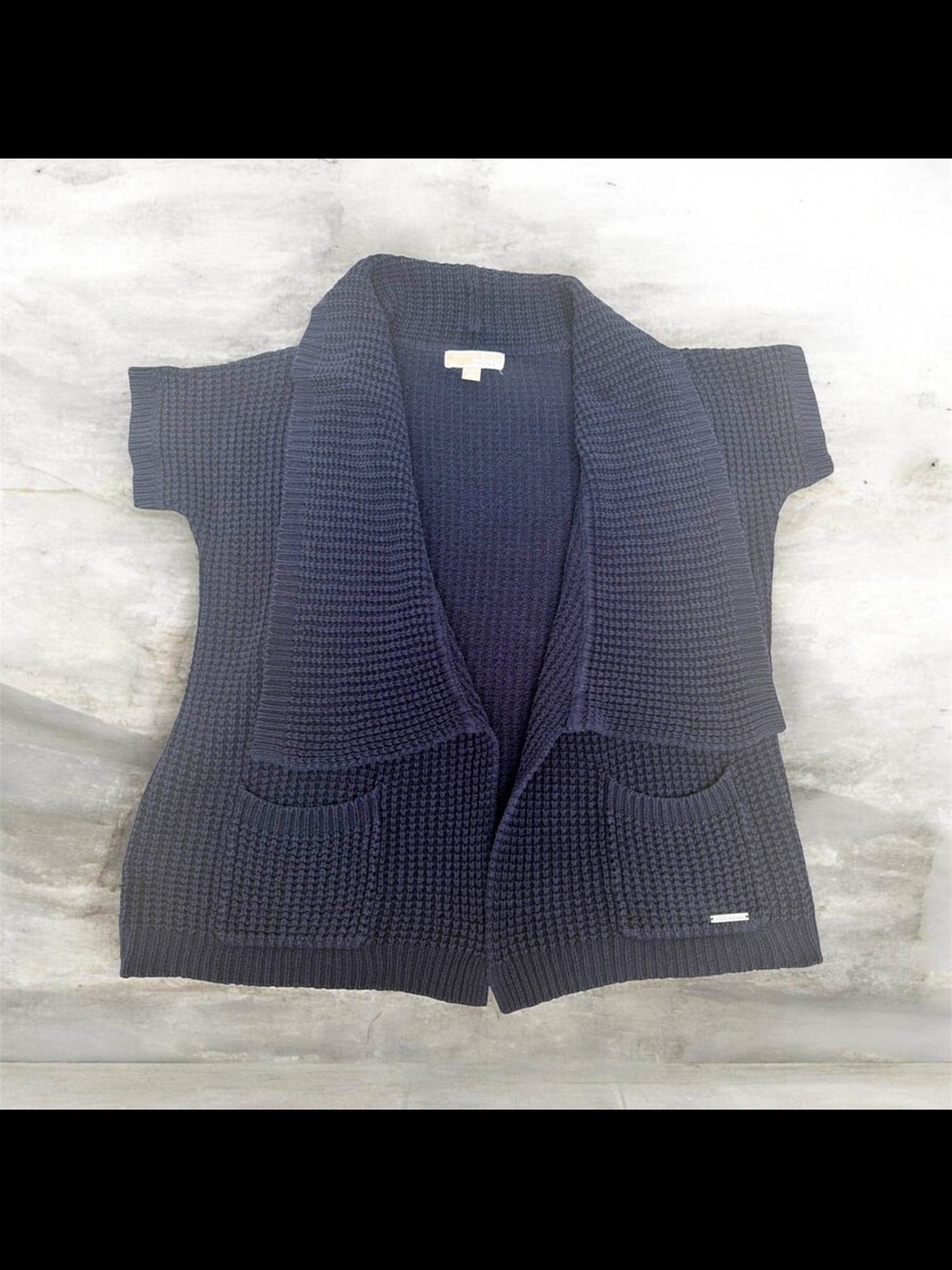Navy Short-Sleeve Shawl Collar Knit Cardigan